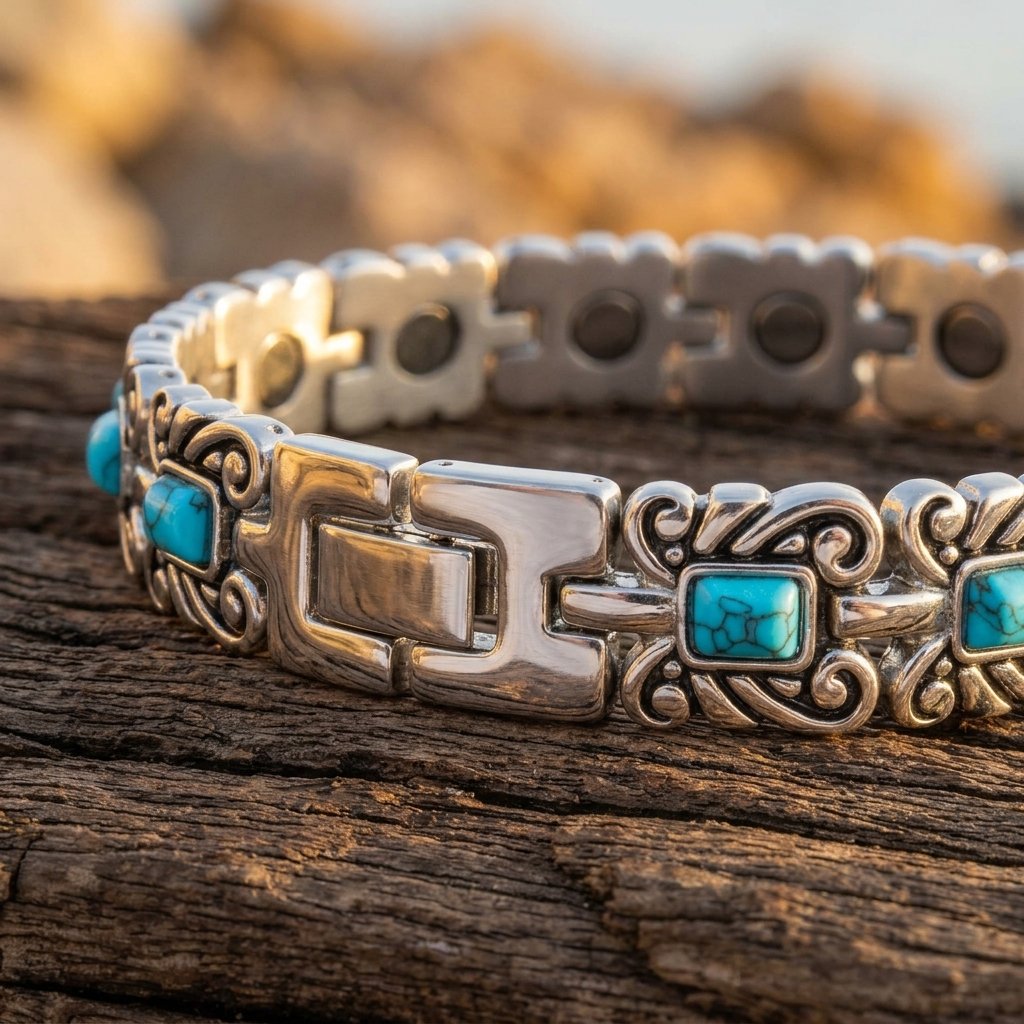 Boho Silver Turquoise Filigree Link Bracelet