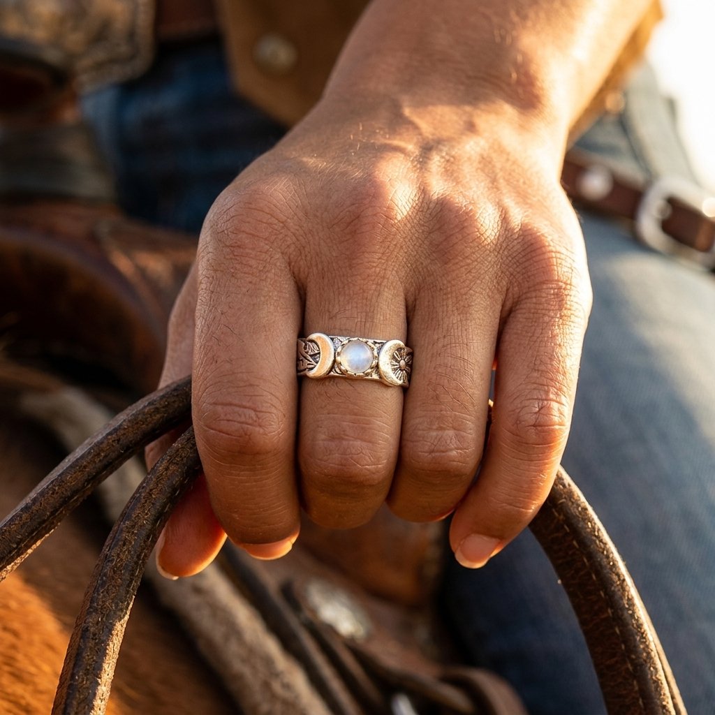 Boho Silver Moon Phase Moonstone Ring