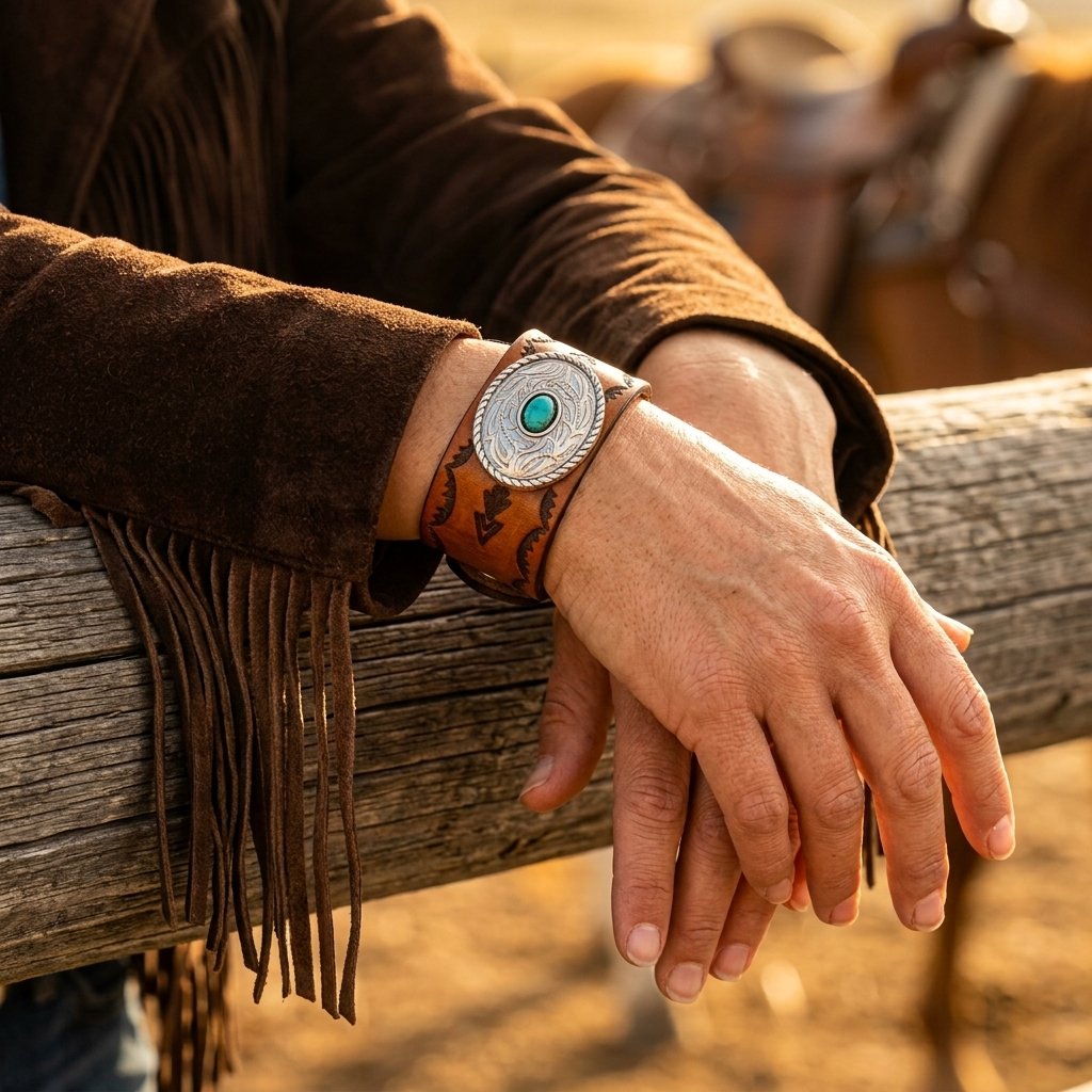 Boho Silver Turquoise Leather Oval Bracelet