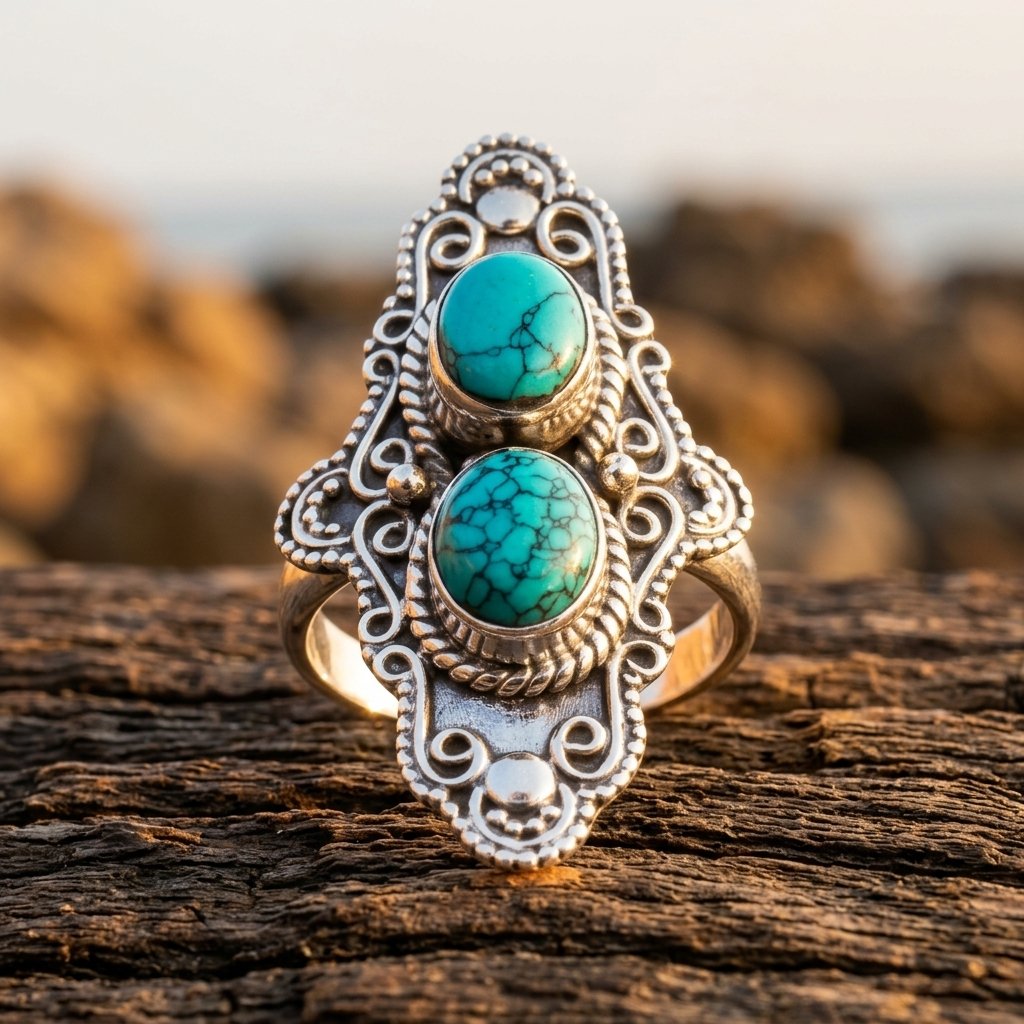 Boho Silver Turquoise Filigree Ring