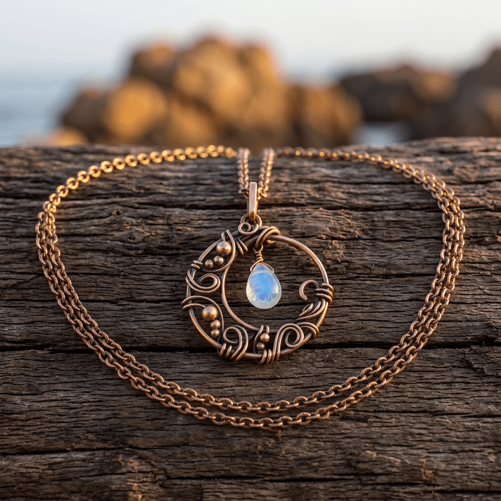 Red Copper Wire Wrapped Moon Pendant Necklace