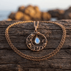 Red Copper Wire Wrapped Moon Pendant Necklace