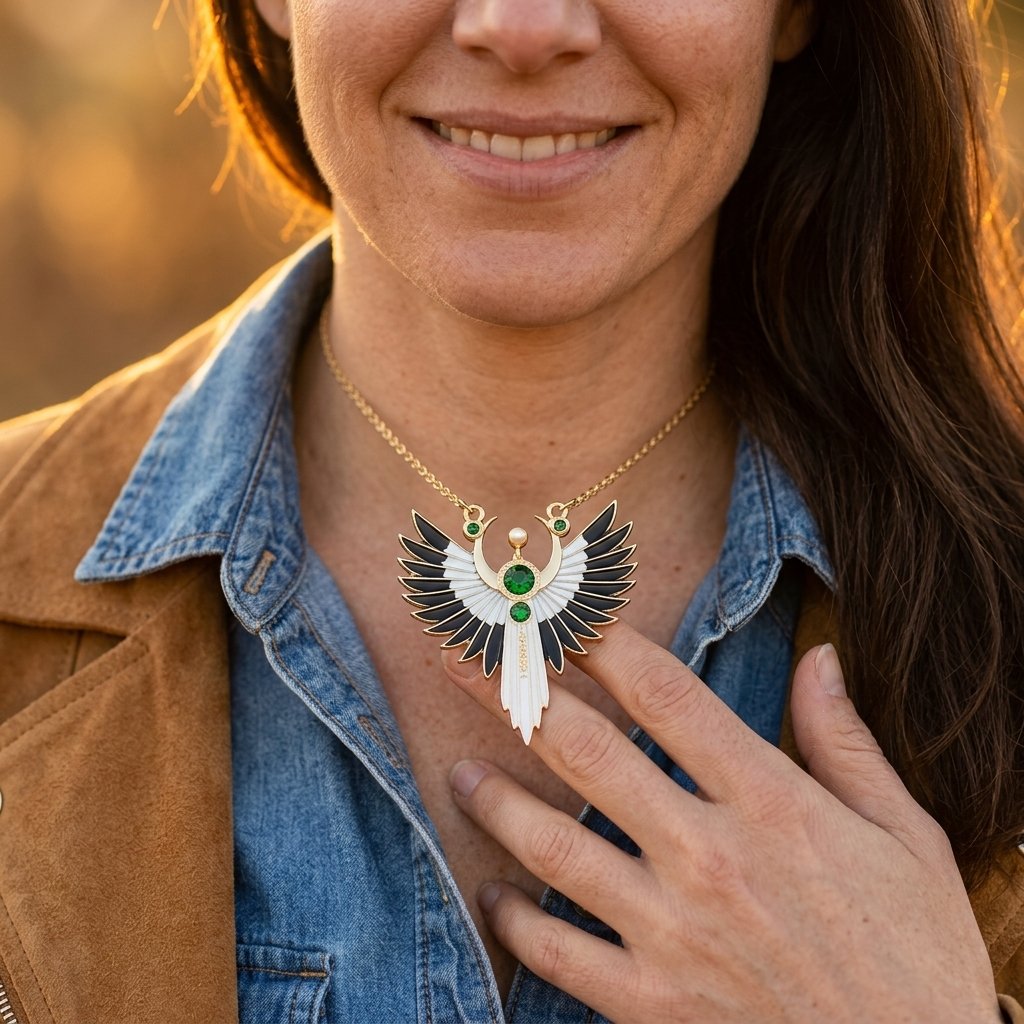 Gothic Gold Emerald Layered Wing Necklace