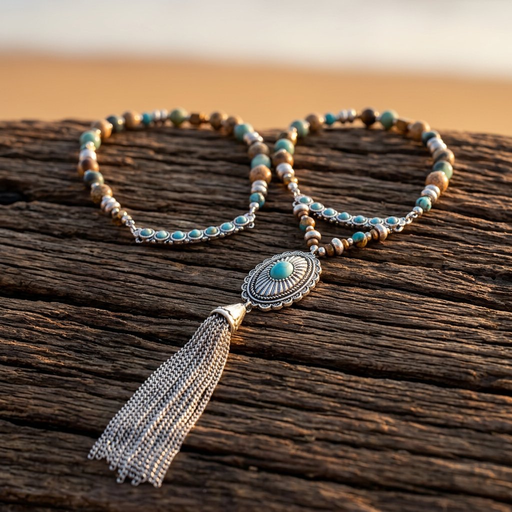 Boho Silver Turquoise Tassel Long Necklace