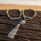 Boho Silver Turquoise Tassel Long Necklace