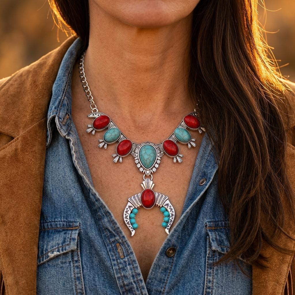 Southwestern Silver Turquoise Red Squash Necklace