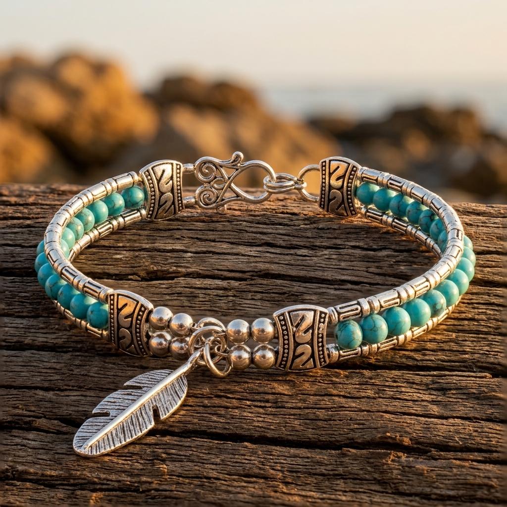 Boho Silver Turquoise Feather Bracelet