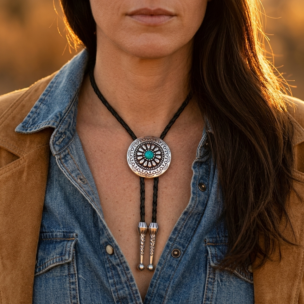 Western Turquoise Silver Medallion Bolo Tie Necklace