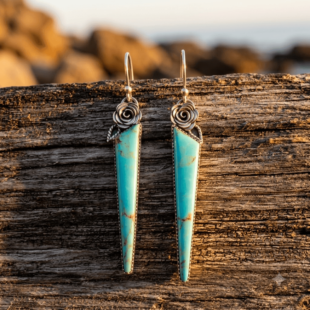 Bohemian Turquoise Rose Silver Drop Earrings