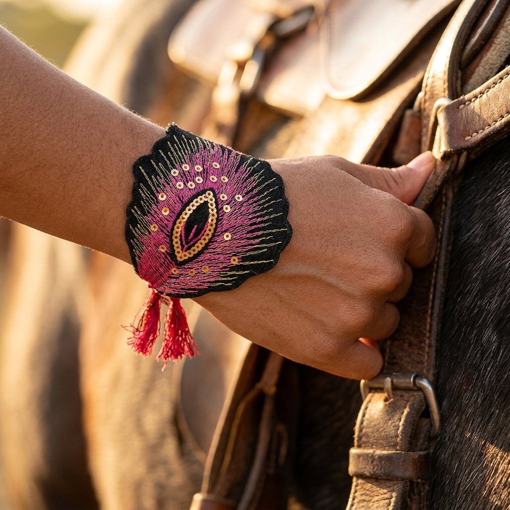 Boho Pink Gold Embroidered Feather Bracelet