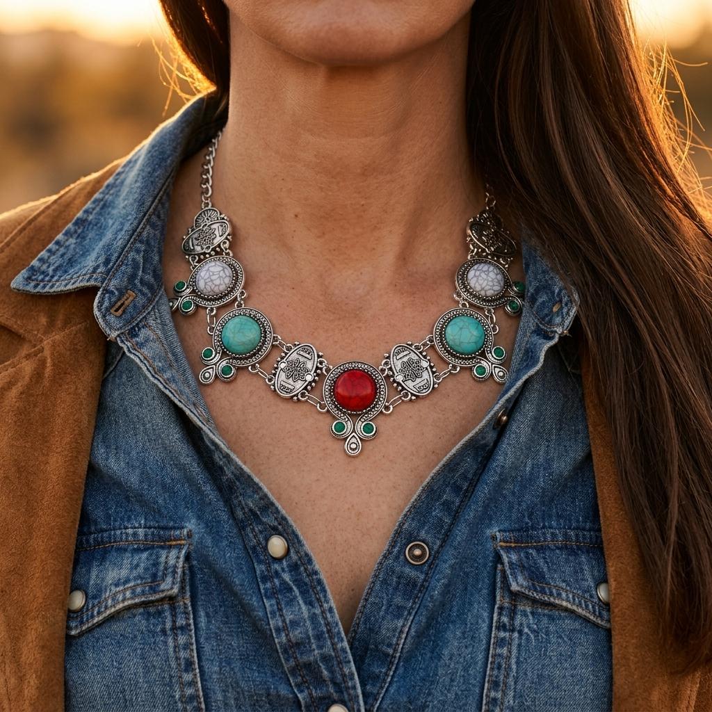 Vintage Silver Turquoise Red Filigree Necklace
