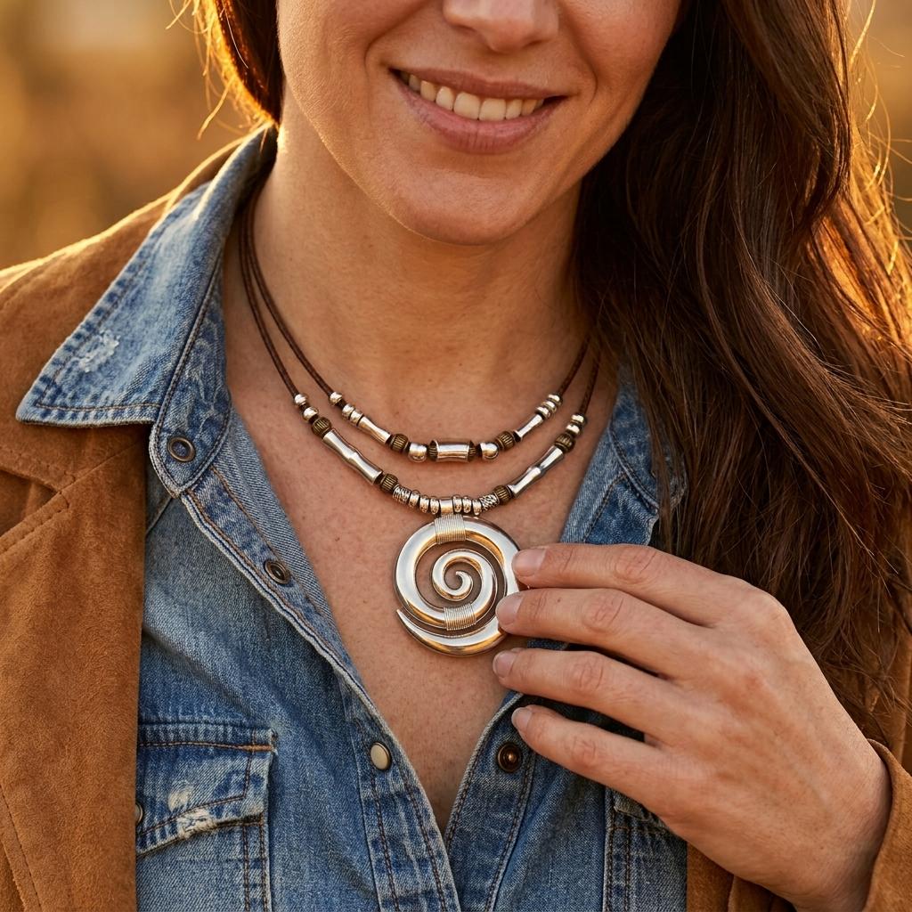 Boho Bronze Spiral Pendant Necklace