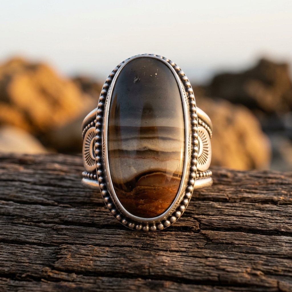 Bohemian Silver Banded Agate Oval Ring