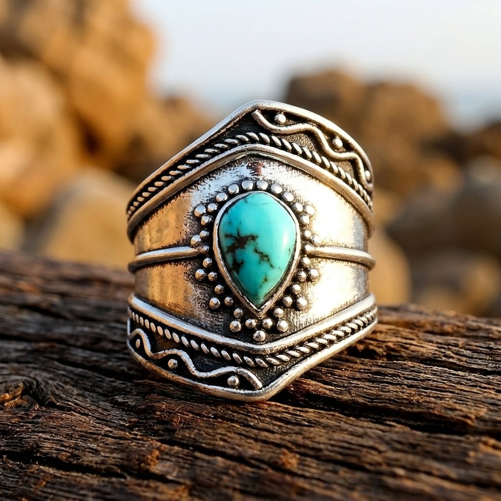Vintage Silver Turquoise Oval Filigree Ring