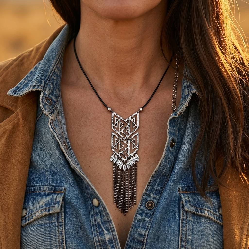 Vintage Silver Geometric Tassel Pendant Necklace