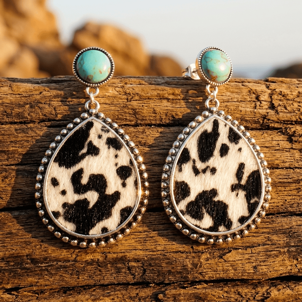 Western Turquoise Stone Cow Hide Dangle Earrings