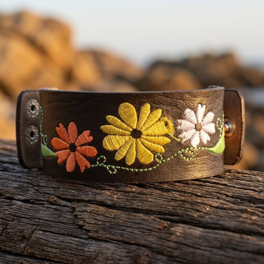 Handmade Brown Leather Embroidered Flower Bracelet