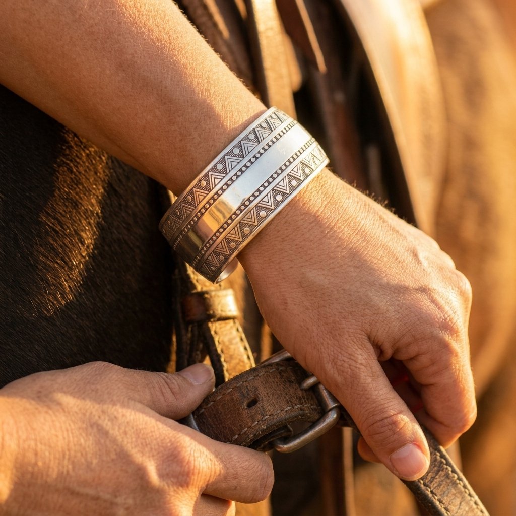 Tribal Silver Geometric Inlay Bracelet