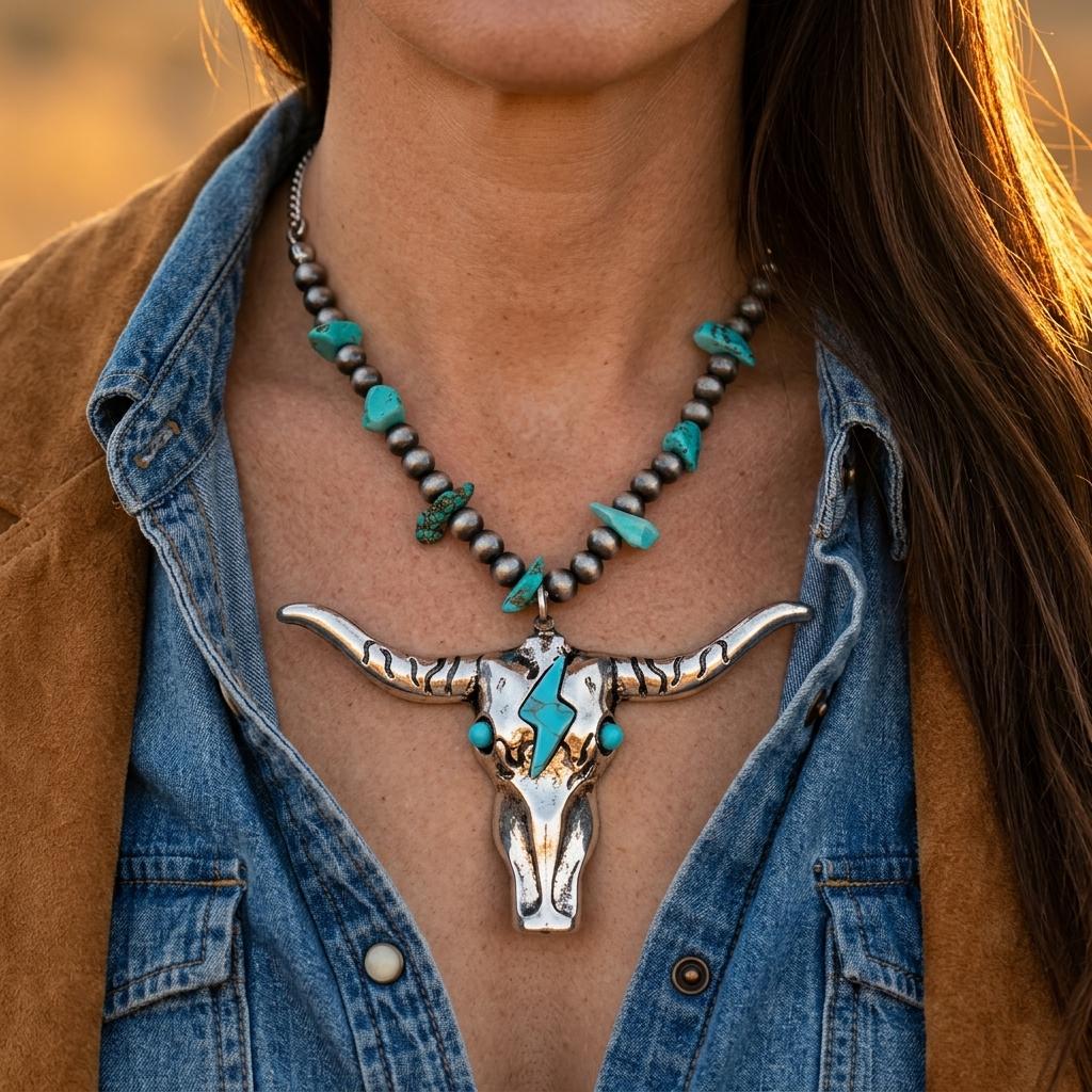 Boho Silver Turquoise Longhorn Pendant Necklace