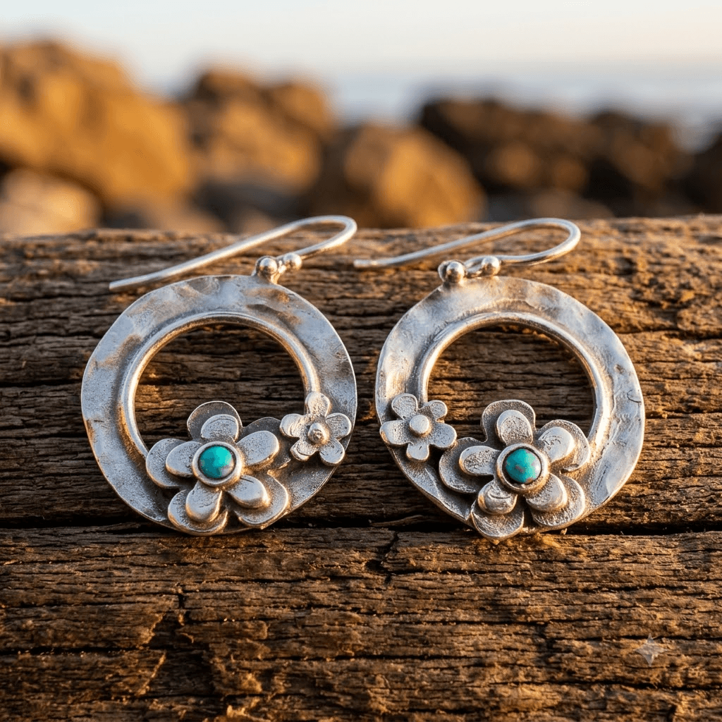 Vintage Silver Turquoise Floral Hoop Earrings