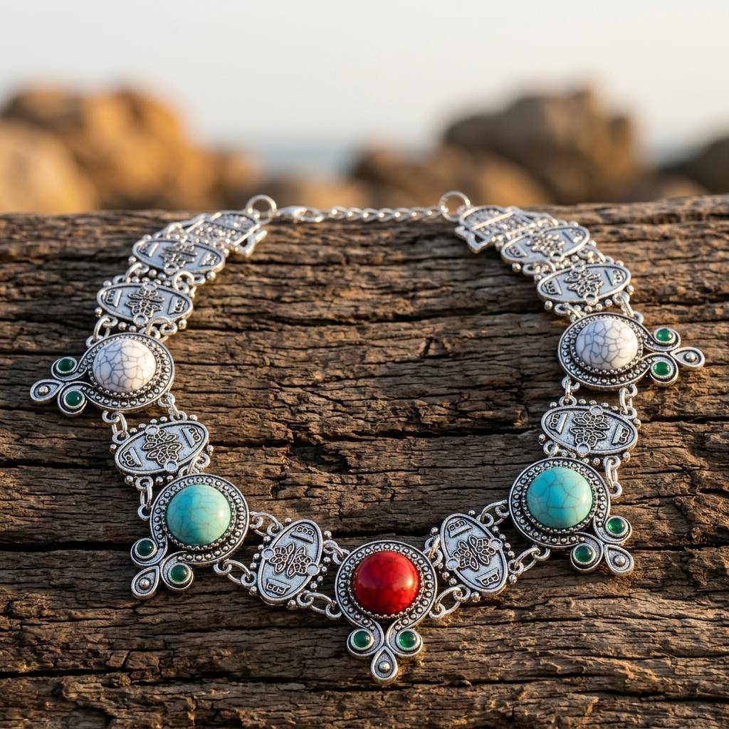Vintage Silver Turquoise Red Filigree Necklace