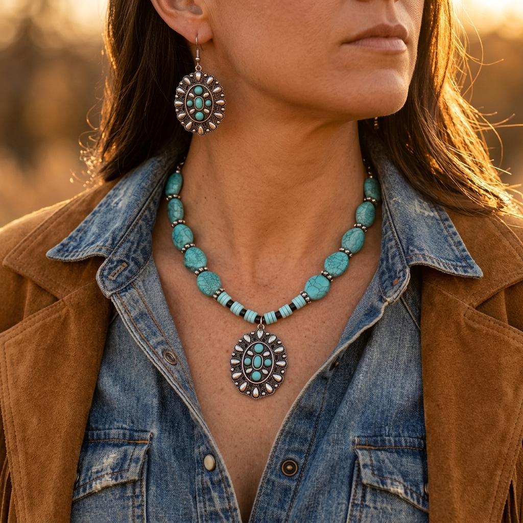 Western Silver Turquoise Carved Jewelry Set