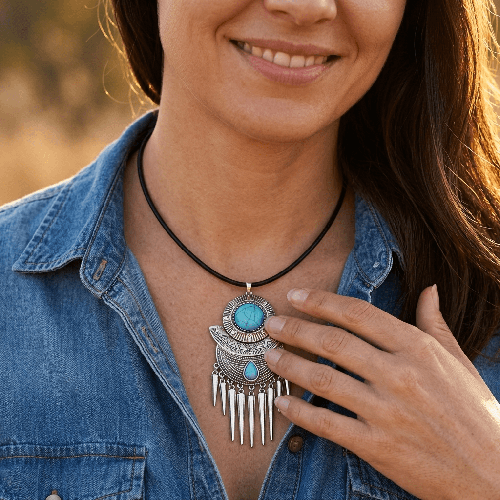 Bohemian Silver Turquoise Tassel Spike Necklace