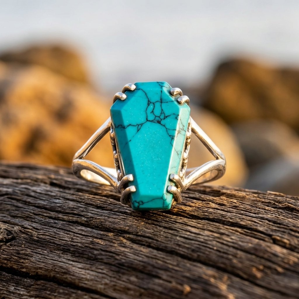 Boho Silver Turquoise Coffin Ring