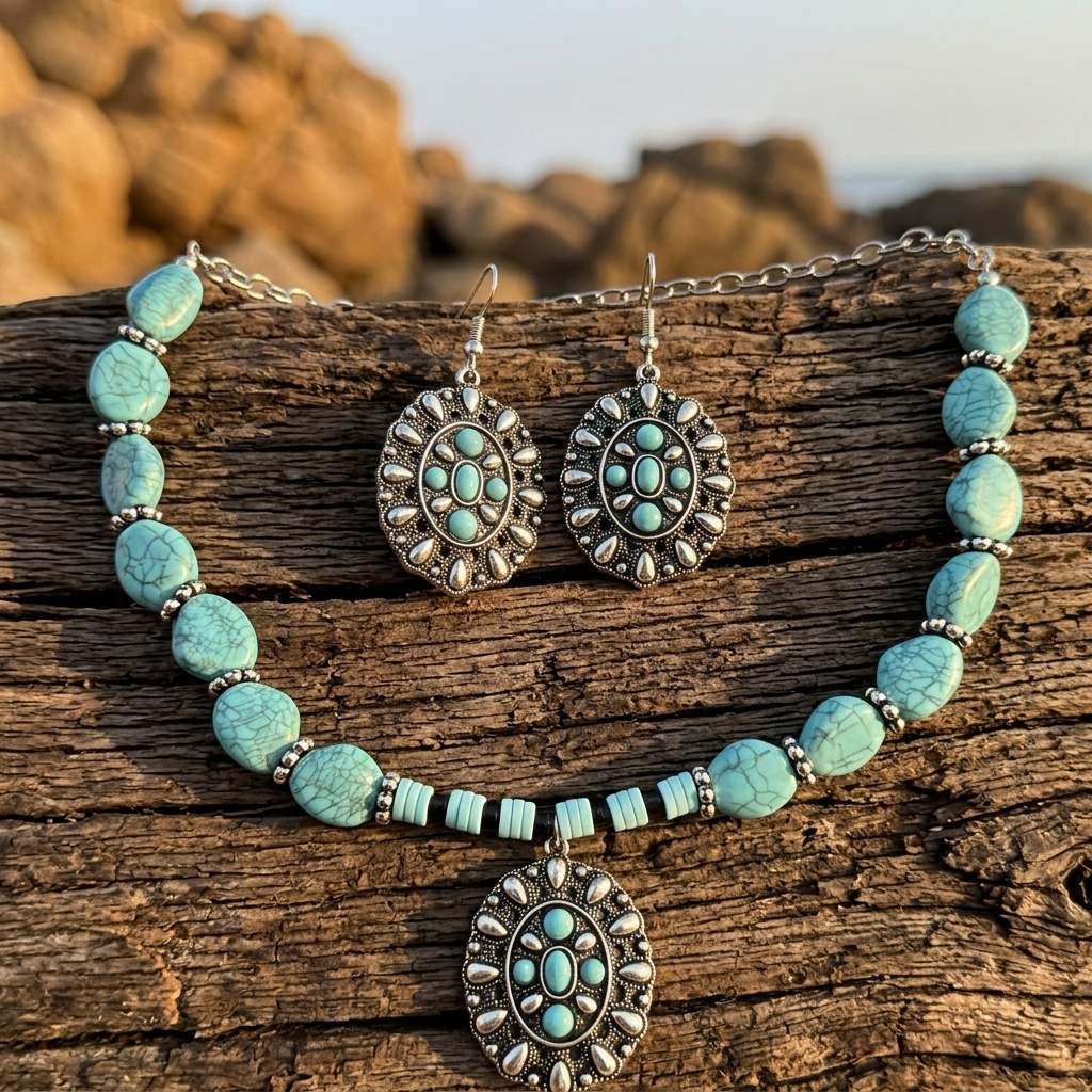 Western Silver Turquoise Carved Jewelry Set
