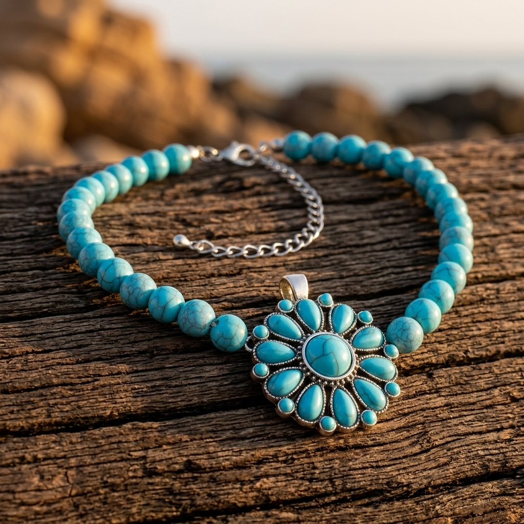 Turquoise Silver Flower Beaded Pendant Necklace