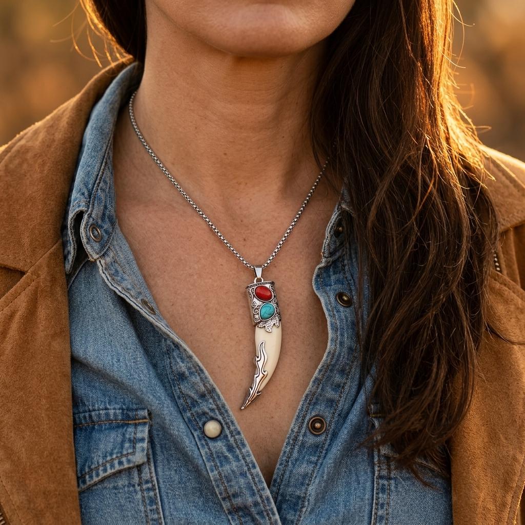 Boho Silver Turquoise Wolf Tooth Necklace