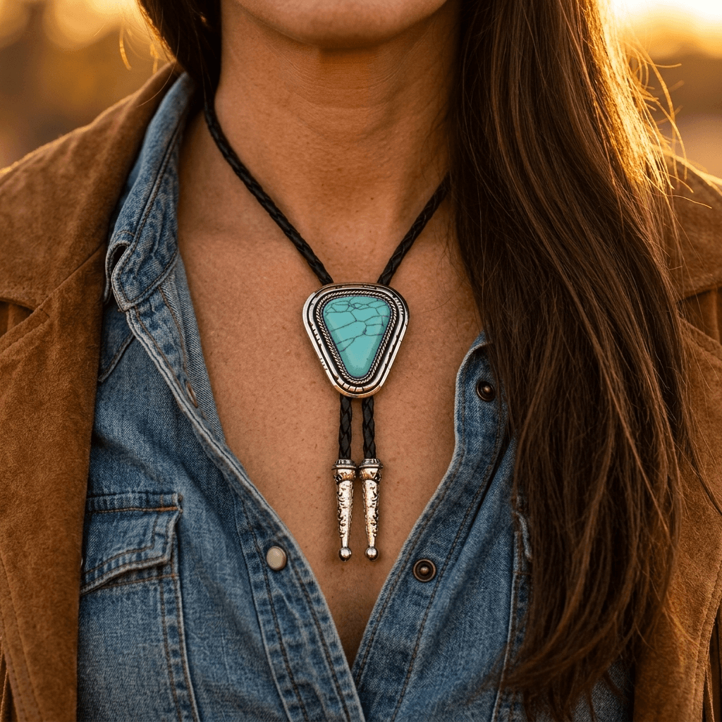Western Bolo Turquoise Stone Leather Necklace