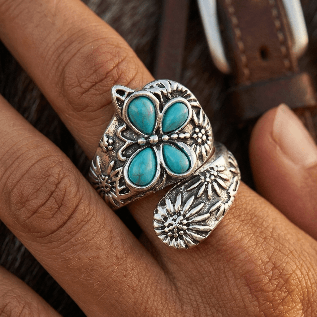 Vintage Floral Carved Turquoise Adjustable Ring