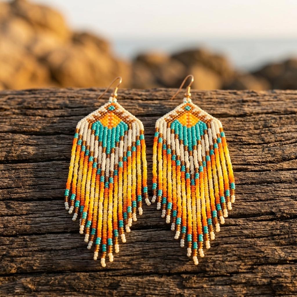 Bohemian Beaded Tassel Gold Turquoise Fringe Earrings