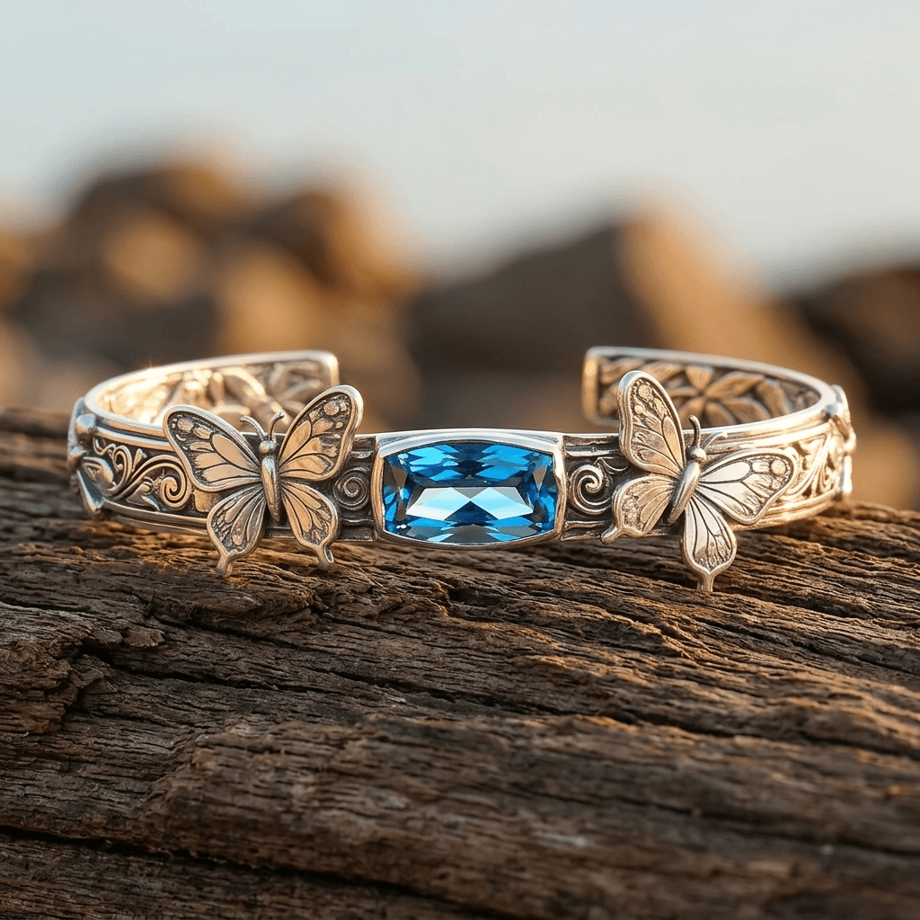 Bohemian Silver Butterfly Blue Stone Bracelet