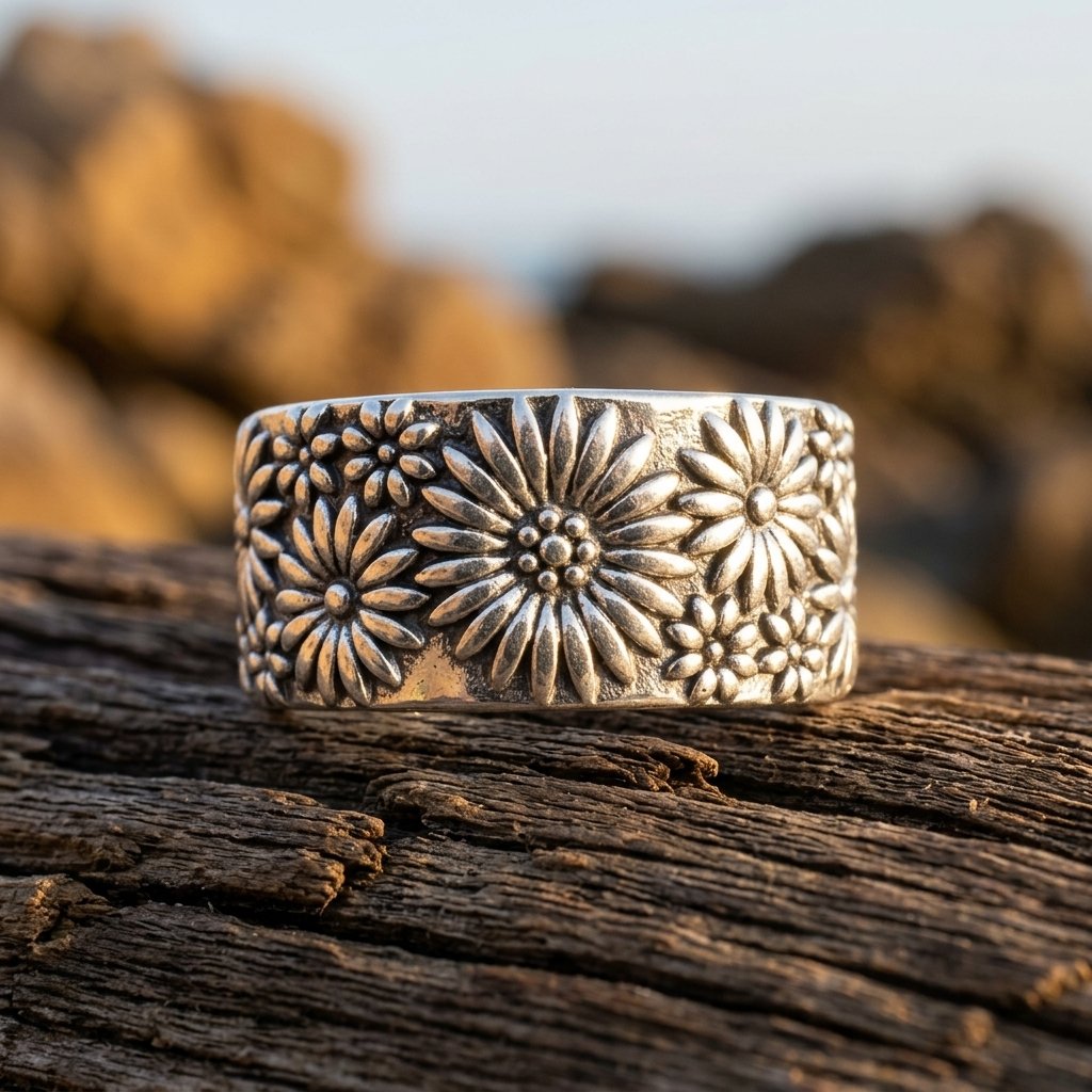 Vintage Silver Embossed Daisy Floral Ring