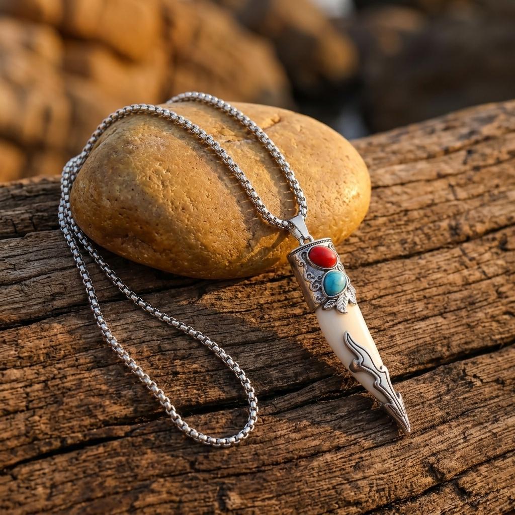 Boho Silver Turquoise Wolf Tooth Necklace