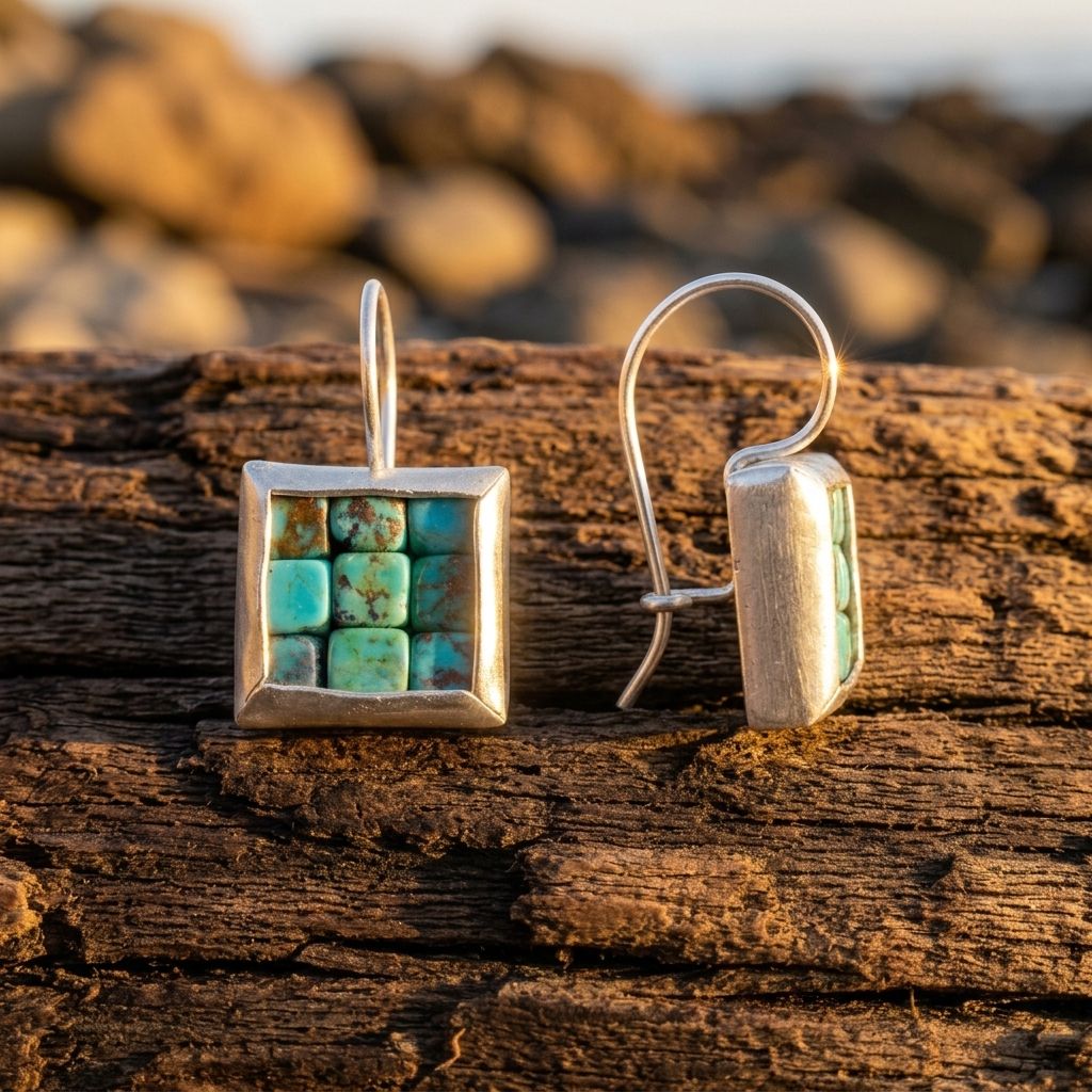 Vintage Silver Turquoise Inlay Square Earrings