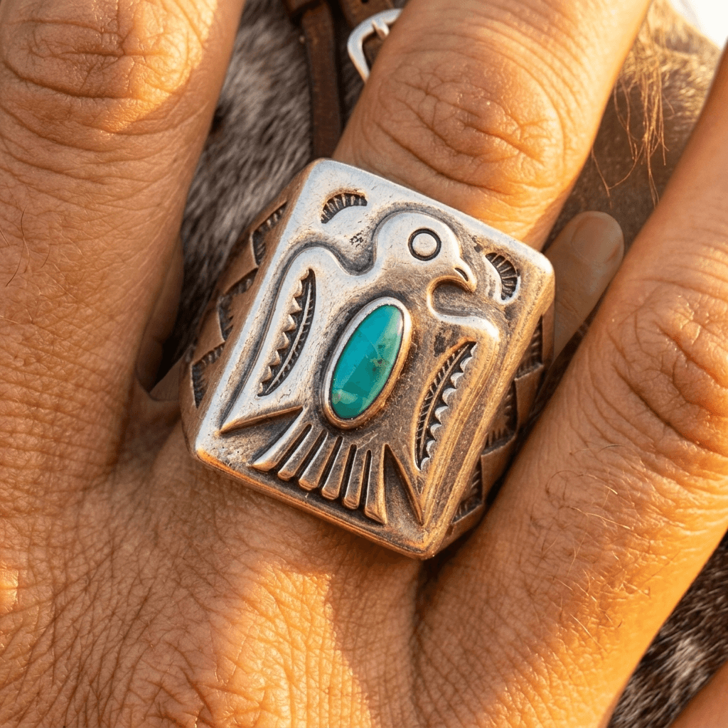 Retro Turquoise Square Bird Pattern Ring