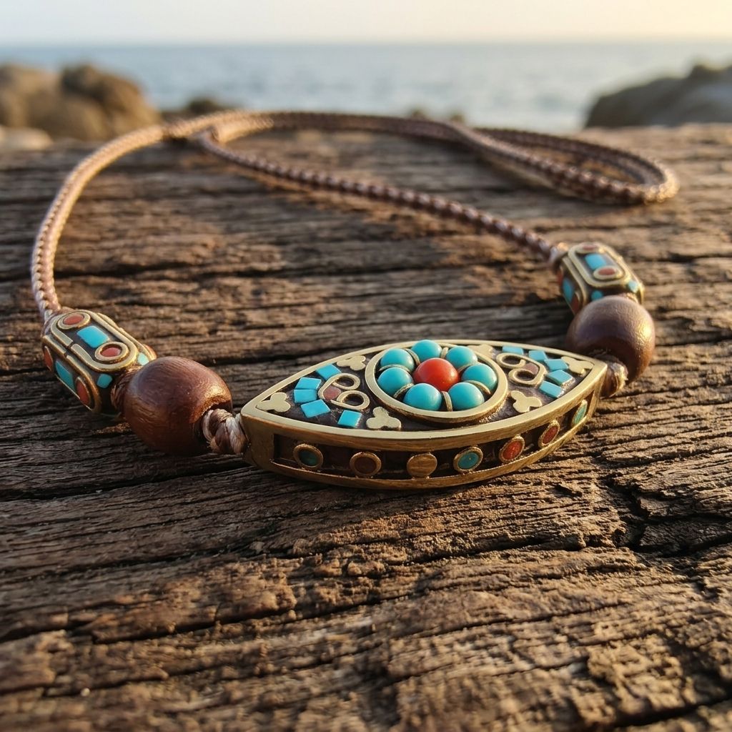 Boho Brass Turquoise Inlay Pendant Necklace