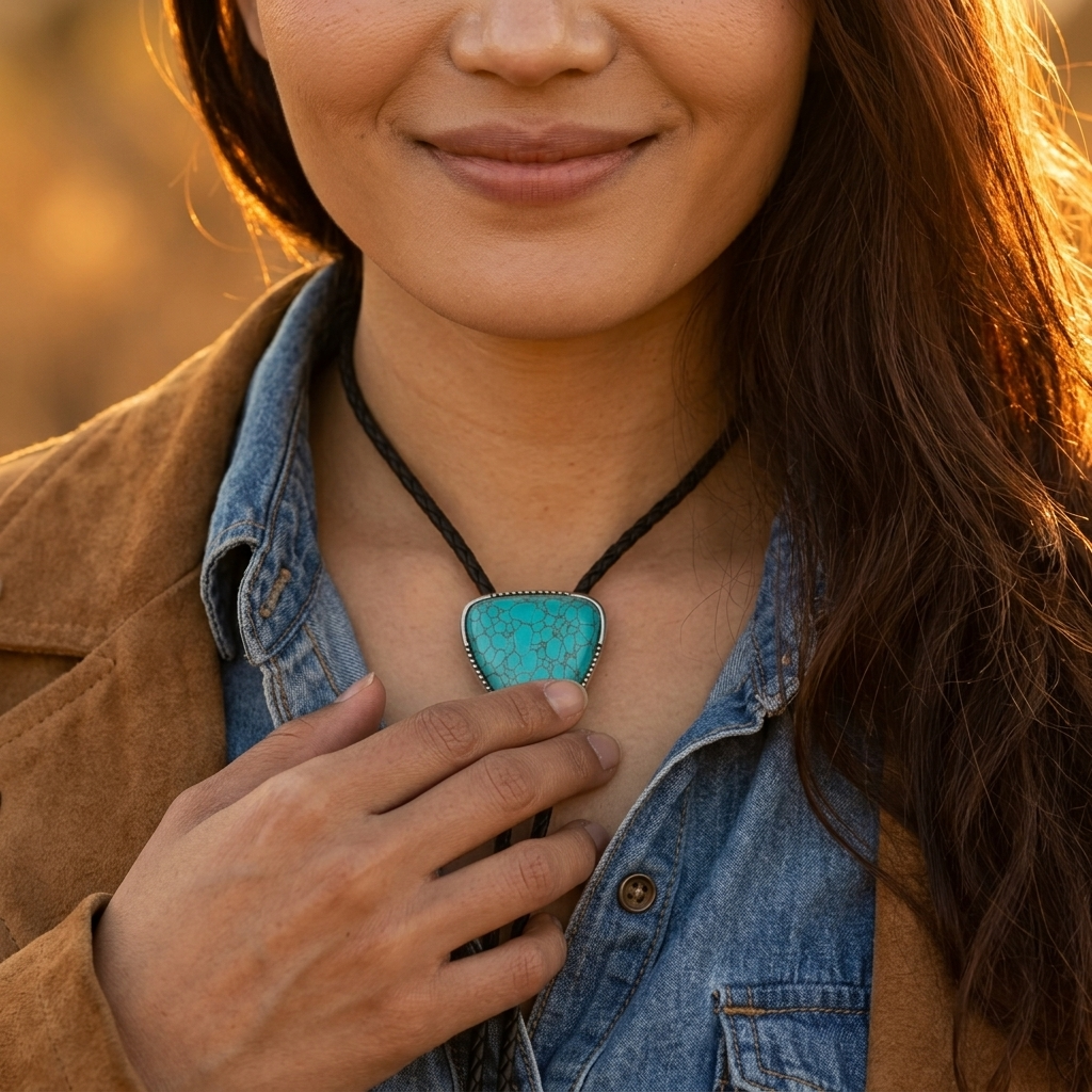 Western Style Turquoise Stone Bolo Tie Necklace