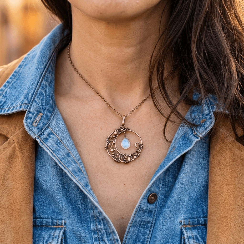 Red Copper Wire Wrapped Moon Pendant Necklace
