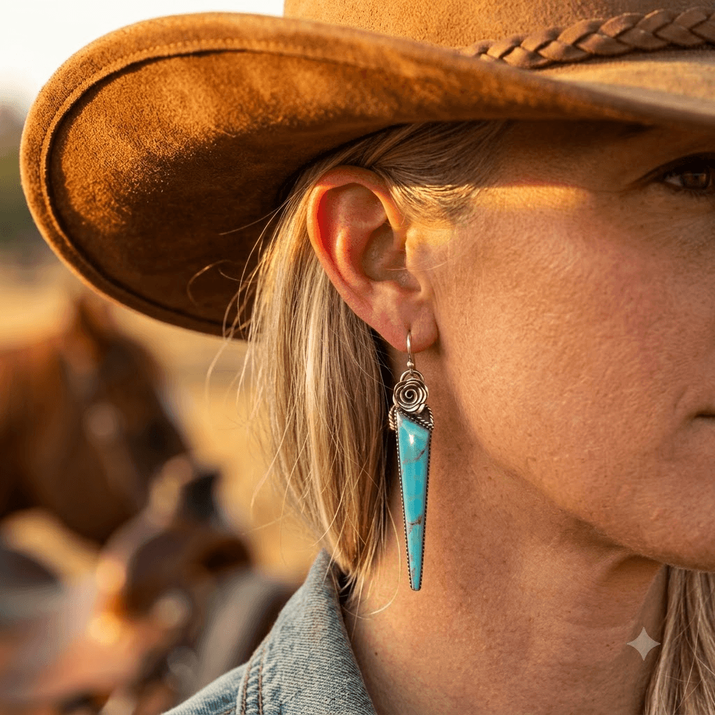 Bohemian Turquoise Rose Silver Drop Earrings