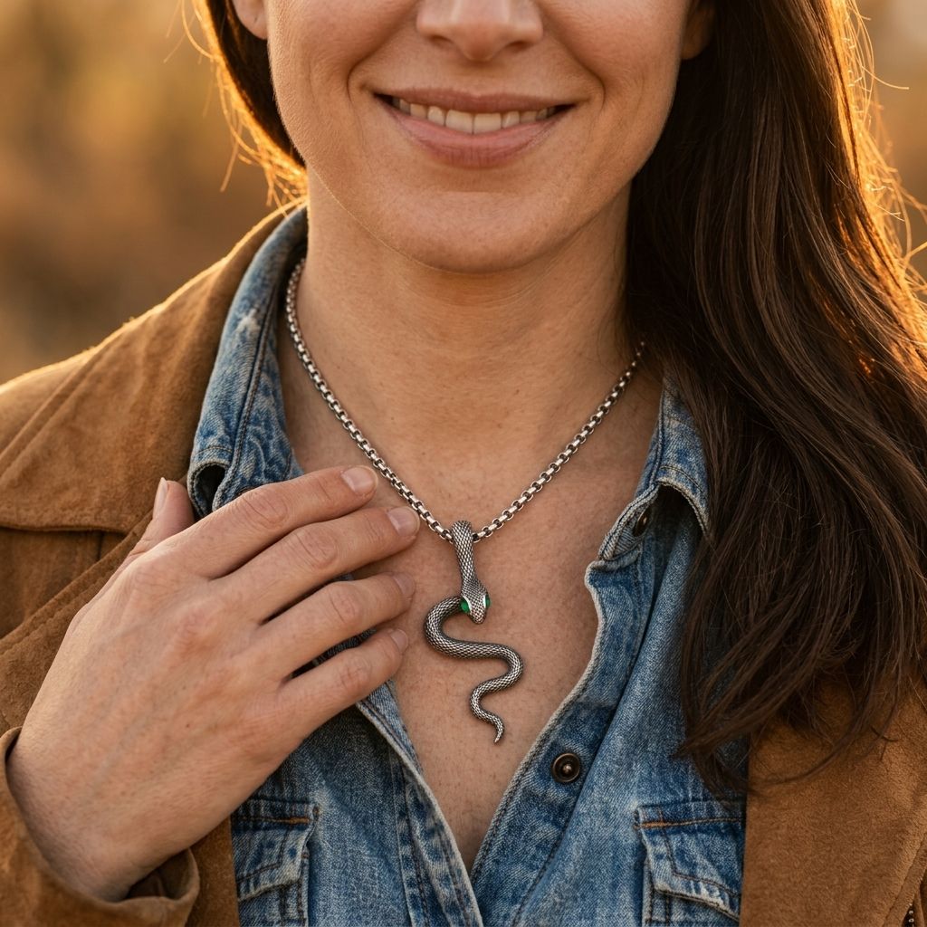 Vintage Silver Snake Green Eye Necklace