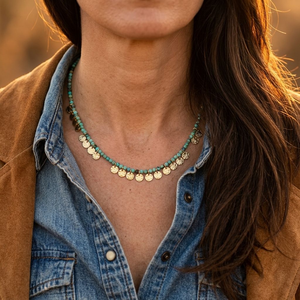 Boho Green Turquoise Beaded Gold Disc Necklace