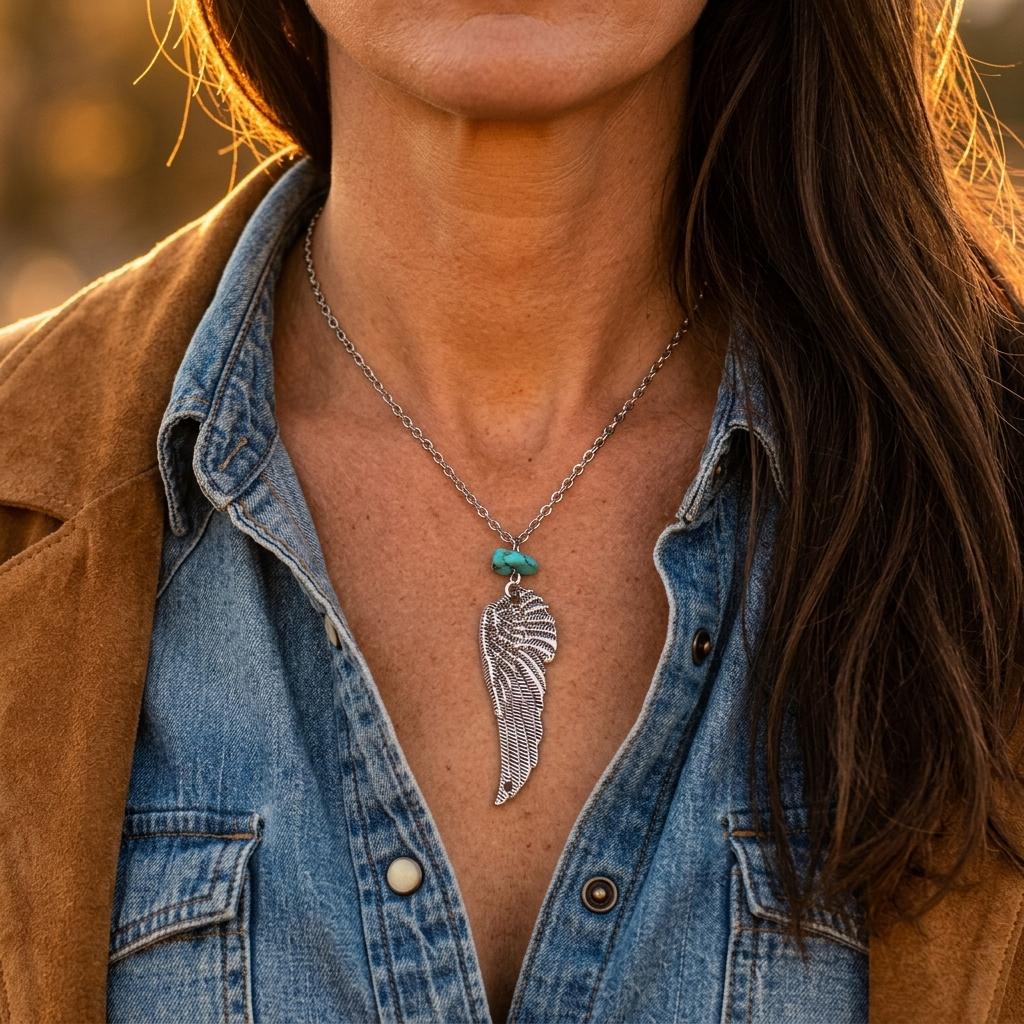 Boho Silver Wing Turquoise Necklace
