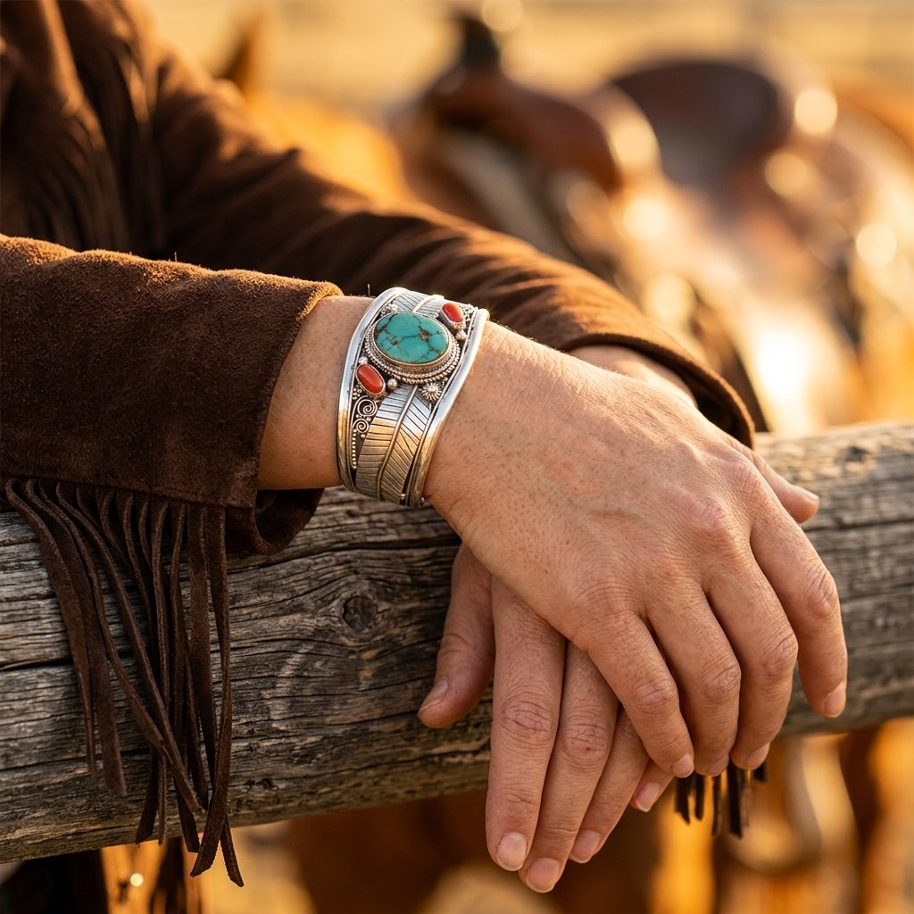 Southwestern Silver Turquoise Coral Bracelet