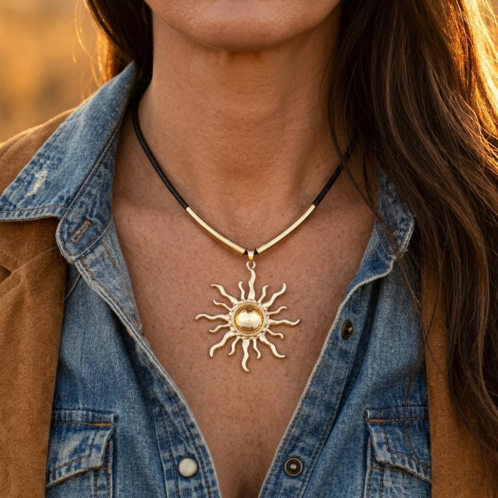 Boho Gold Sun Pendant Leather Cord Necklace