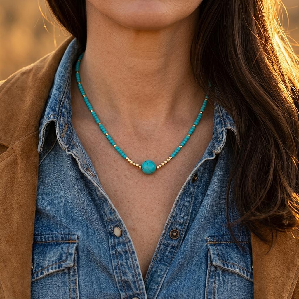 Boho Turquoise Gold Beaded Sphere Necklace