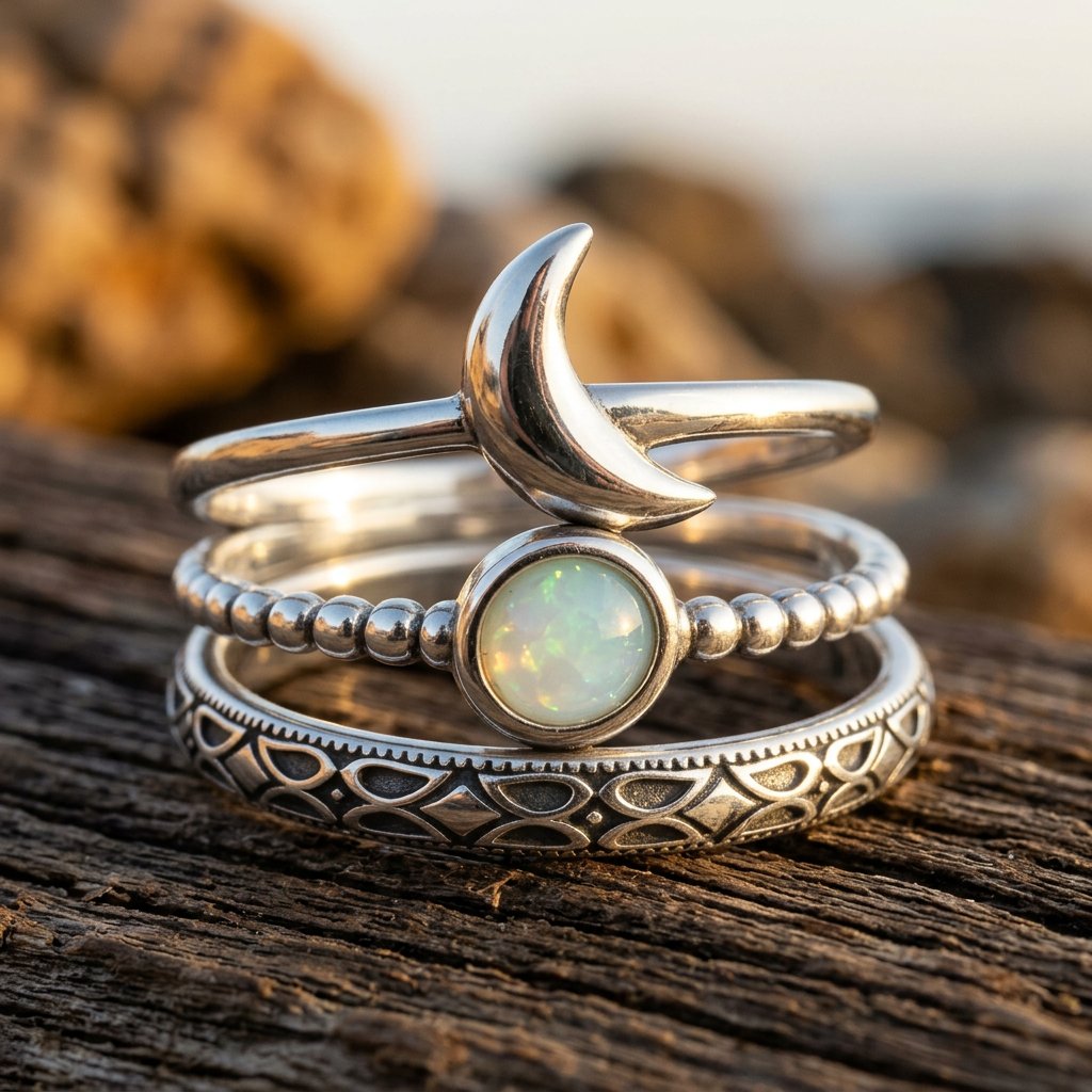 Celestial Silver Opal Moon Ring